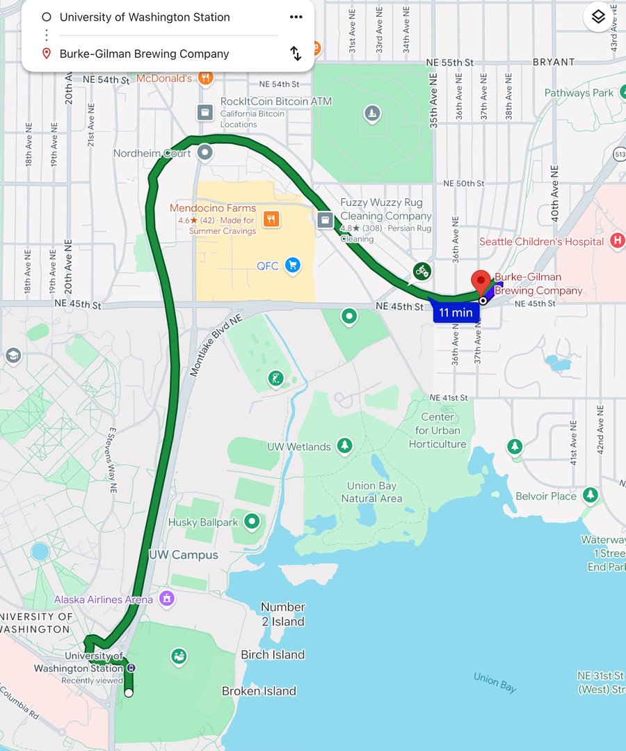 Google Maps bike route from University of Washington Station to Burke-Gilman Brewing Company, entirely on the Burke-Gilman Trail